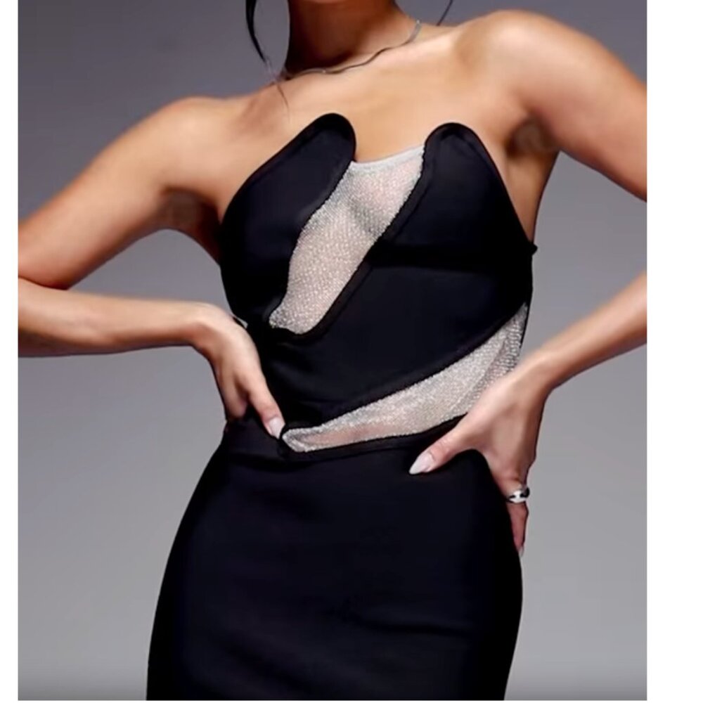ASOS DESIGN Bandeau Metallic Mesh Cutout Maxi Evening Dress, Black, 10 NWT